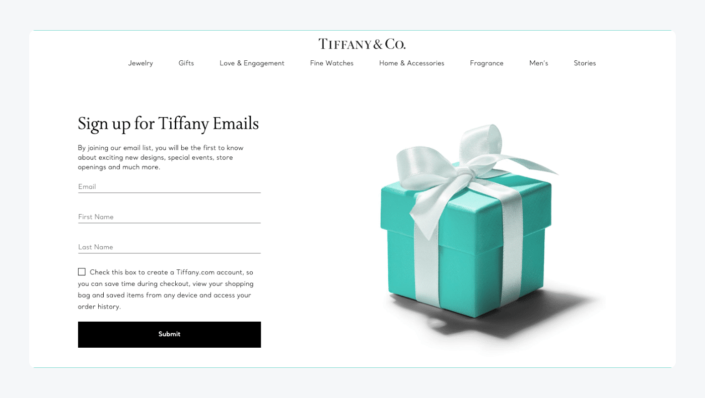 10. Tiffany & Co. email signup landing page example 10. Tiffany & Co. email signup landing page example