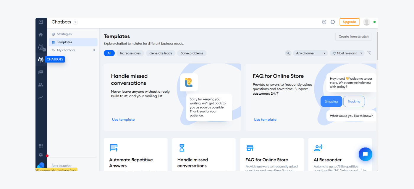 Vete a la sección Chatbots y diseña tu bot para ecommerce Vaya a la sección Chatbots y diseñe su bot