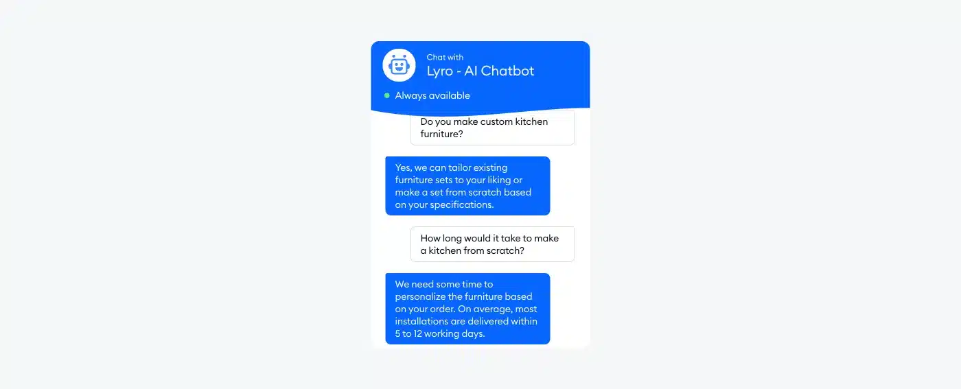 Tidio Lyro AI chatbo Tidio Lyro AI chatbot, providing automated customer support and answering common questions.