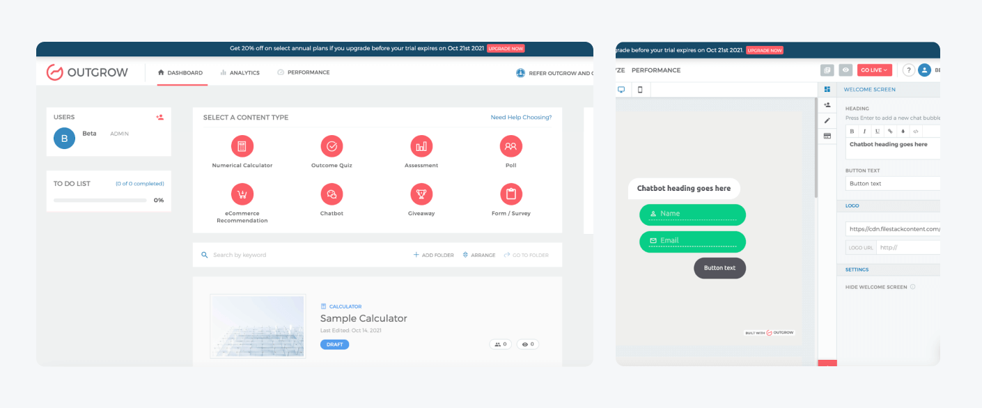 outgrow chatbot builder Outgrow’s dashboard with its chatbot builder showcased side by side.