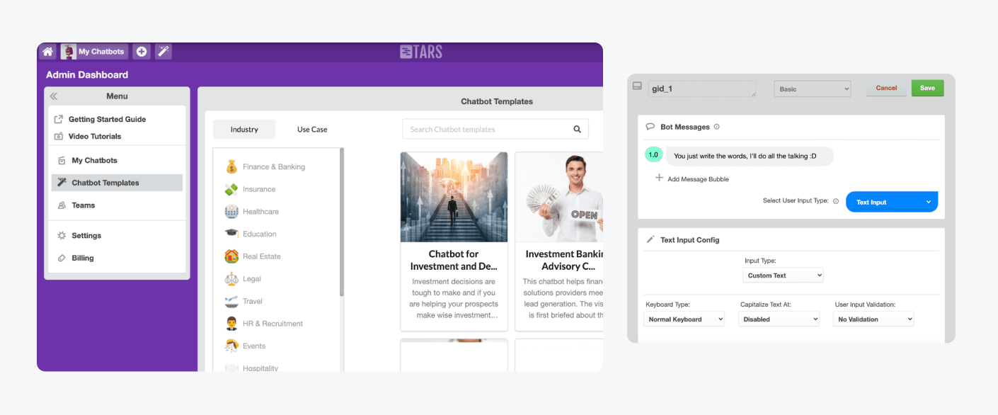 tars chatbot builder A showcase of Tars’ chatbot templates and no-code bot builder interface.